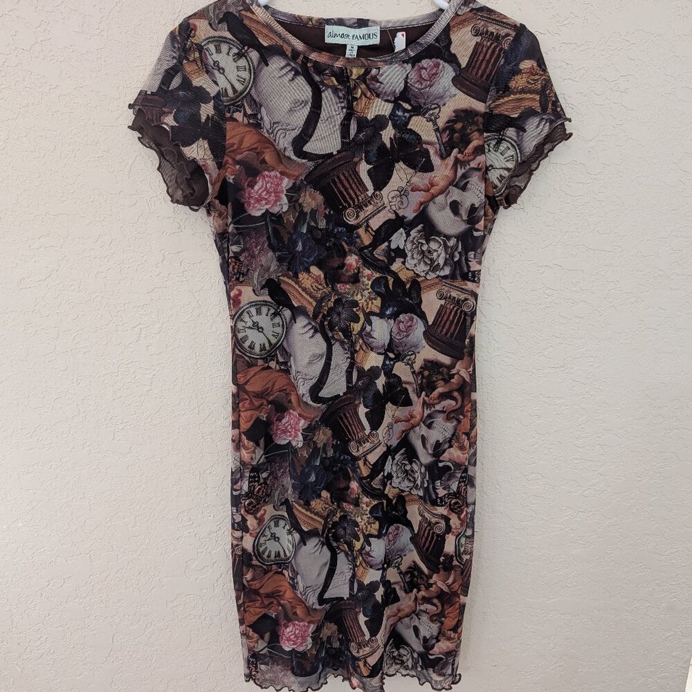 Almost Famous Mesh Y2K Bodycon Dress Clock Cherub Rose Scalloped Sleeve Sz M NWT